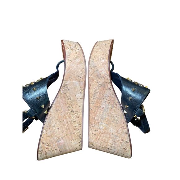 Tory Burch Espadrille Women 9 Cork Wedge Heel Sandal‎ Black & Gold Metal Studded - Picture 4 of 12